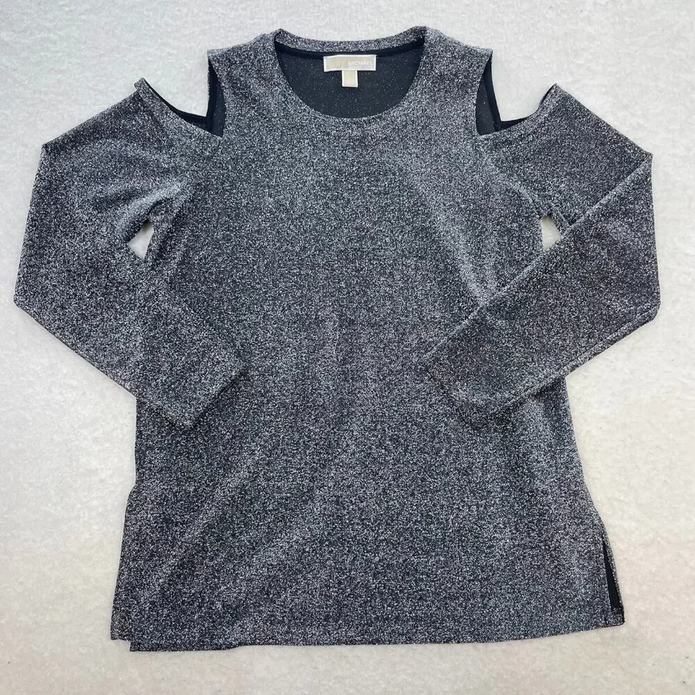 Michael Kors Black Silver Shimmer Metallic Long Sleeve Cold Shoulder Top Size L